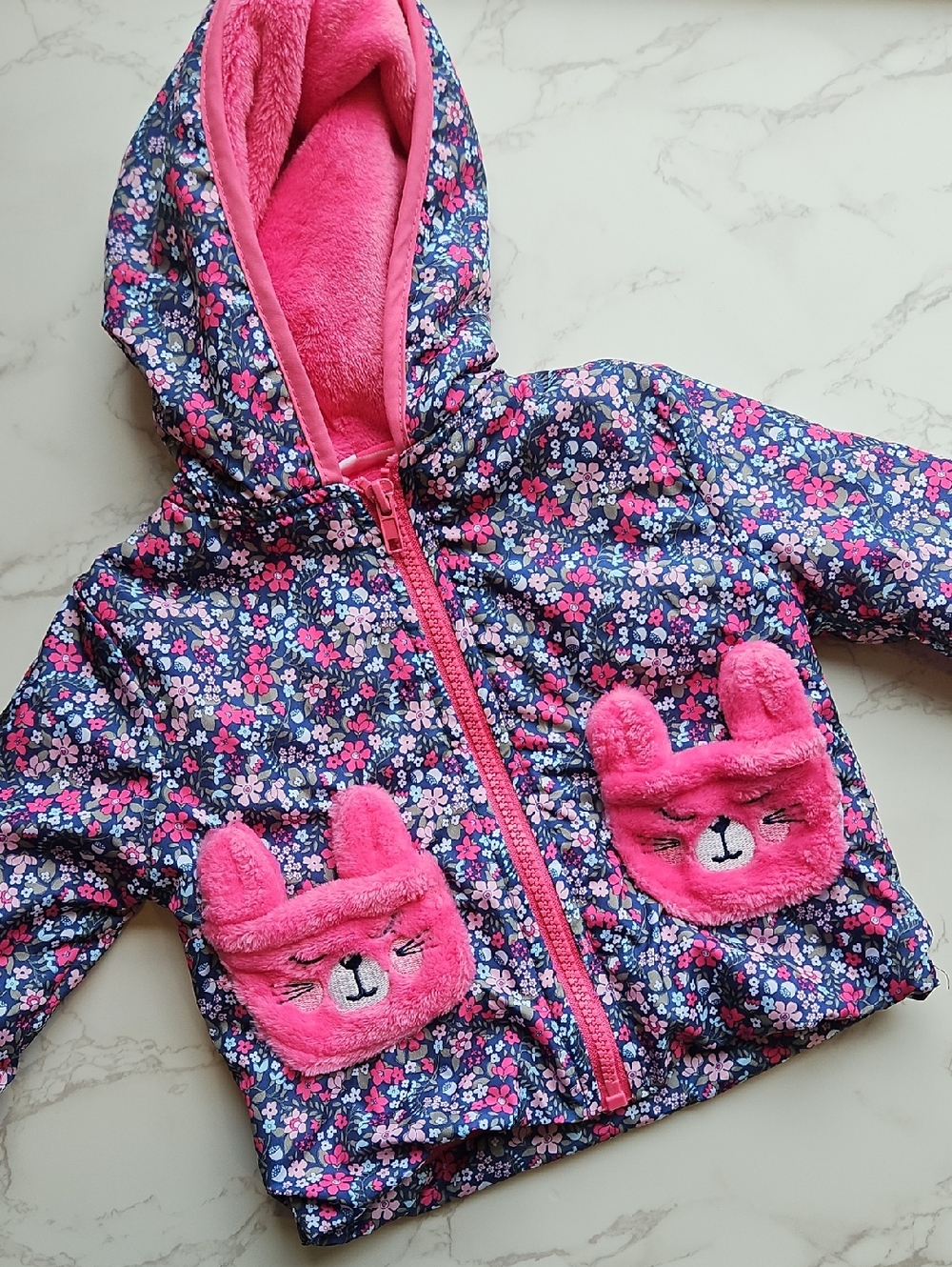 Penelope Mack Floral Fleece Linwd Jacket with Pink Bunny Pockets 12M